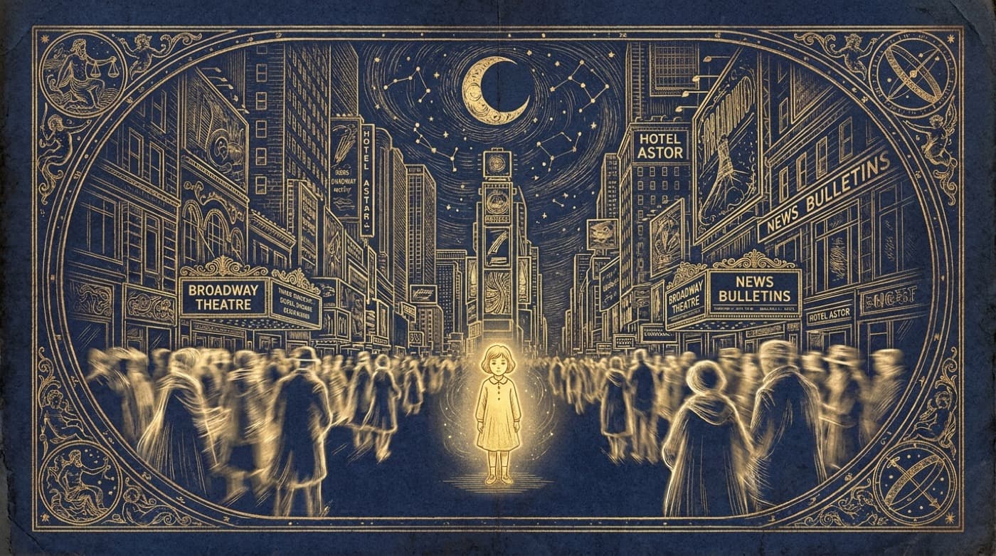 Illustration of a small calm child alone amid the Times Square crowd at night